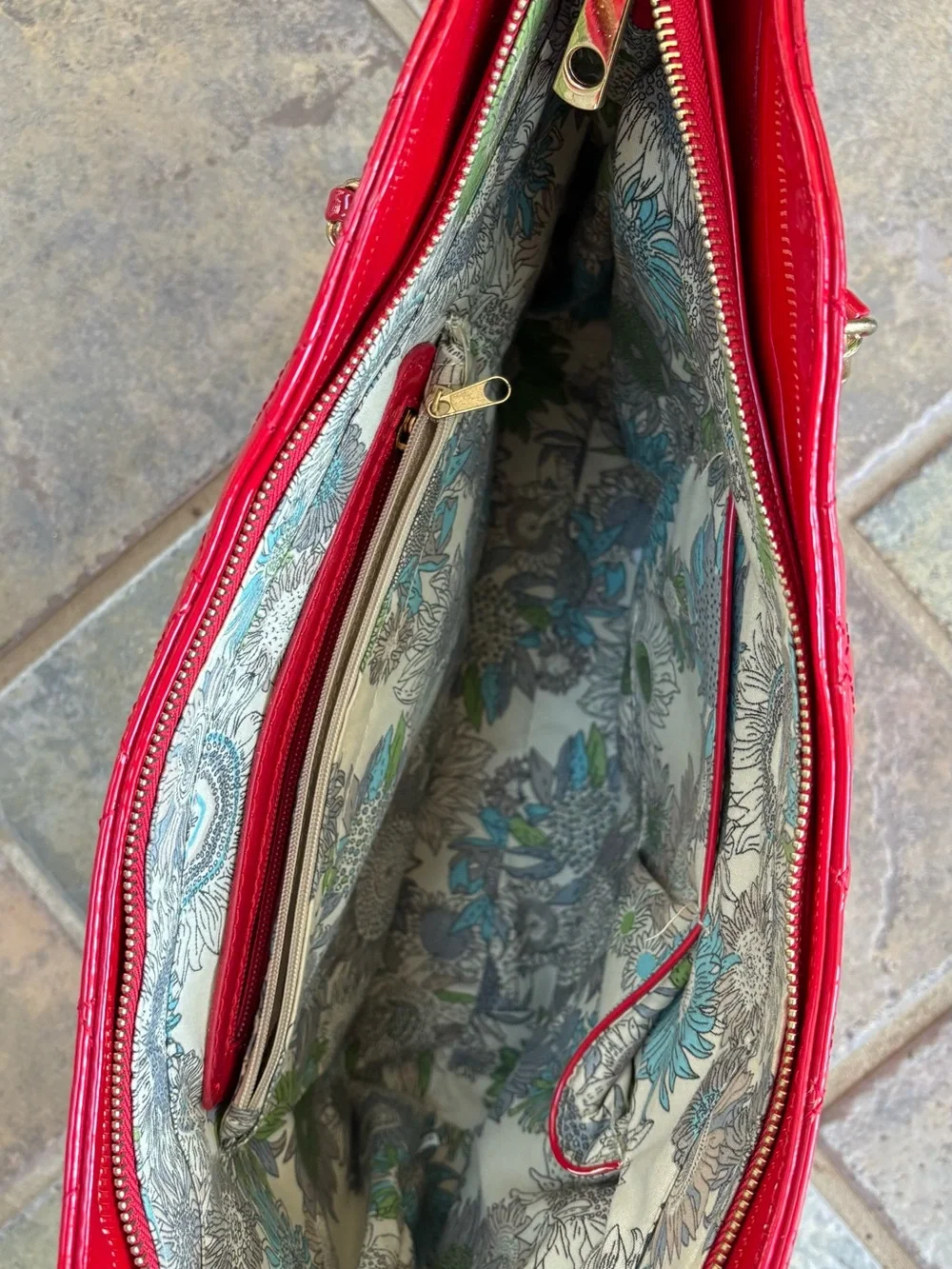 Red Quilted Patent Shoulder Tote with Gold Emblem